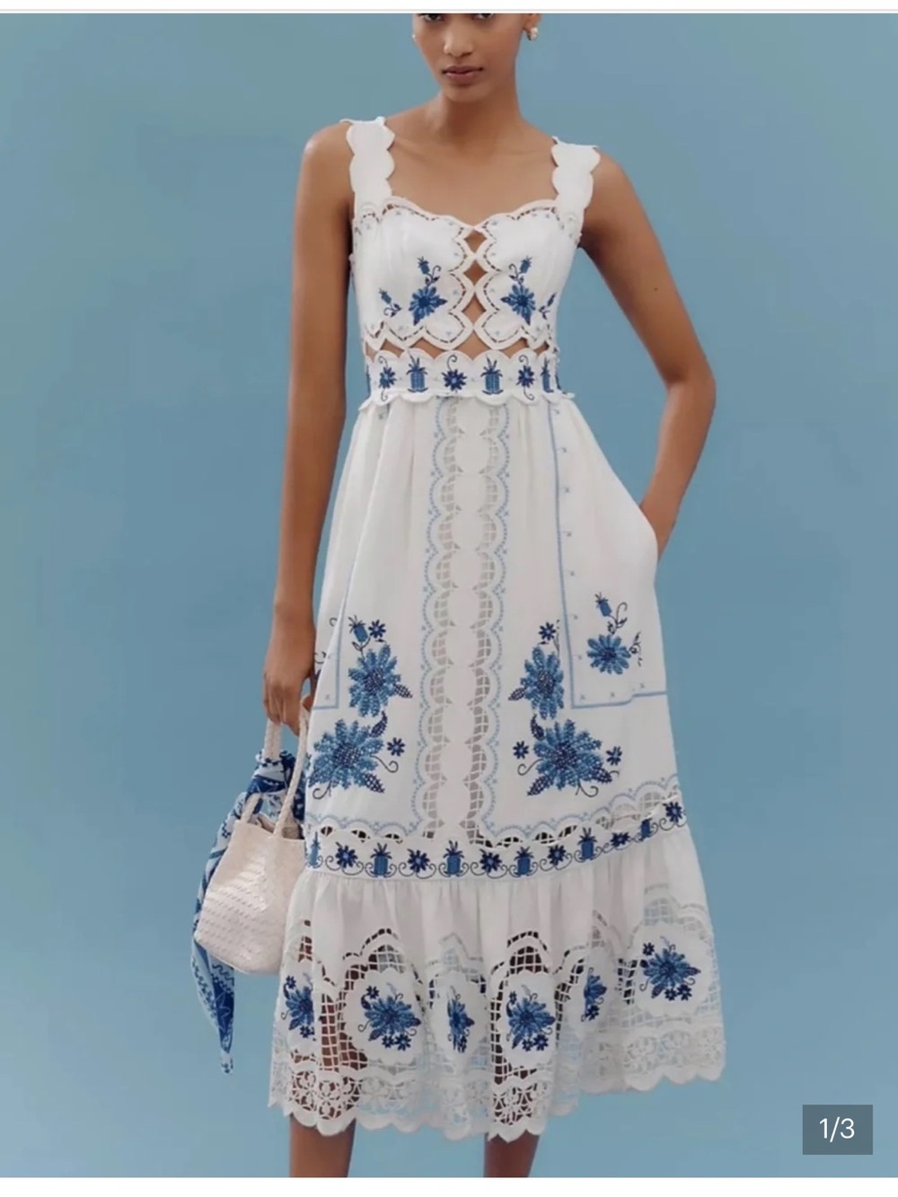 Farm Rio Embroidered Linen Blend Midi Dress